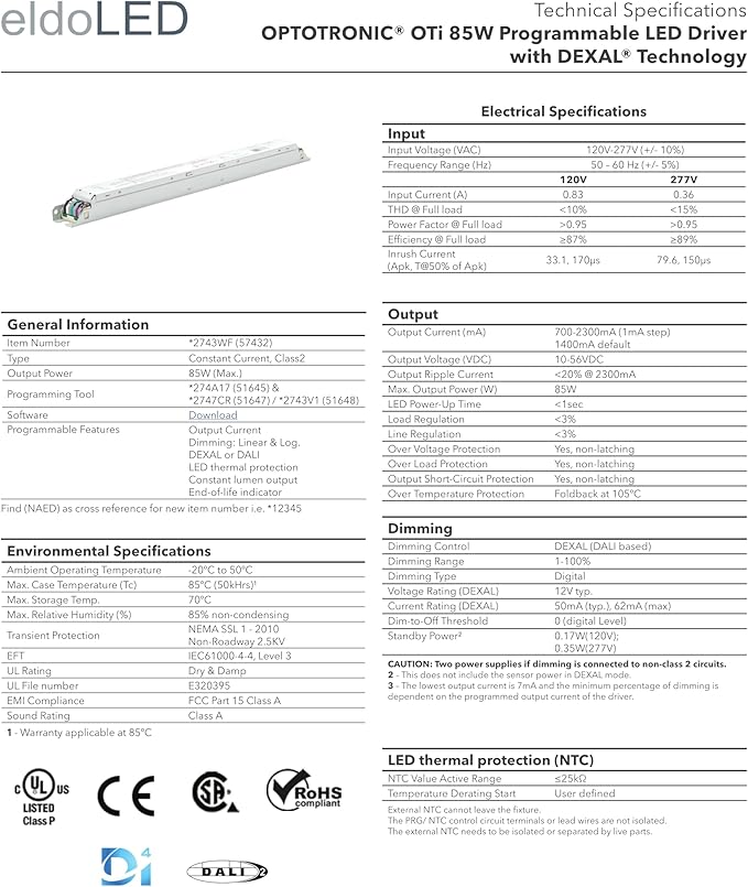 eldoLED | 57432 * 27440L OTi85/120-277/2A3 DX L eldoLED OPTOTRONIC Programmable DEXAL LED Driver - 85W 1400mA