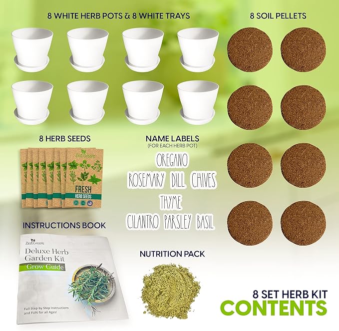 Deluxe Indoor &amp Outdoor Herb Garden Kit – 8 or the Most Popular Culinary Herbs with Pots &amp Soil for Windowsill or Patio Growing