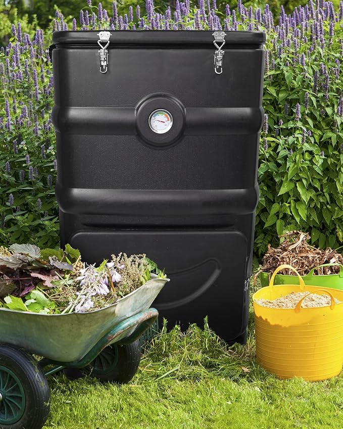 EJWOX Insulated Compost Bin with Ventilation System - Quickly Composting All Year Round A Reservoir at The Bottom Design to Collect The Leachate (30 Gal Black)