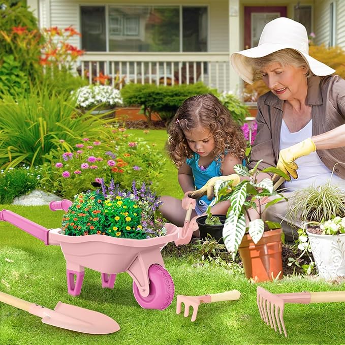 Kids Gardening Set with Wheelbarrow Real Metal Garden Tools for Kids Ages 3-8 4 Long Handle Tools 3 Hand Tool Gloves 5 Stickers Handbook Outdoor Backyard Toys for Toddler Gift
