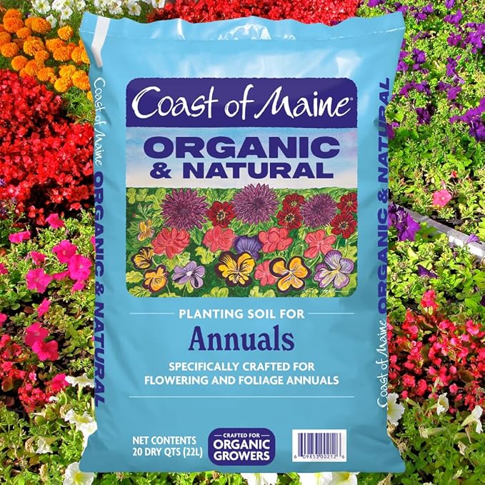Coast of Maine Organic &amp Natural Planting Soil for Annuals - Premium Planting Soil w/Composted Manure Sphagnum Peat Moss for Multi Use In Ground &amp Containers - Enhanced Drainage (20 Qt)