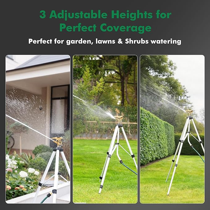 RESTMO 48” Large Full Metal Impact Sprinkler Head on Tripod Base 360° Rotating &amp Height Adjustable Tripod Heavy Duty Zinc Alloy Sprinkler for Large Yard and Lawn Irrigation
