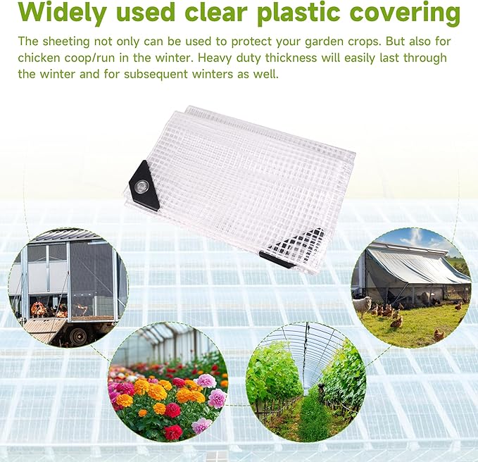Greenhouse CoverClear Greenhouse Plastic Covering 16Mil Thickness Heavy Duty Clear tarp for Chicken coopGardeningFarming Greenhouse Plastic sheeting with Grommets (White 20ft*30ft)