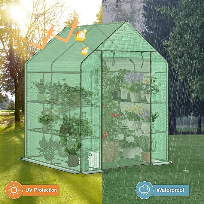 Greenhouse 56 x 56 x 76'' Heavy Duty Greenhouses for Outdoors Green House with Roll-Up Door Thicken PE Cover Portable Walk-in Green Houses for Outside with 3 Tier 8 Shelves