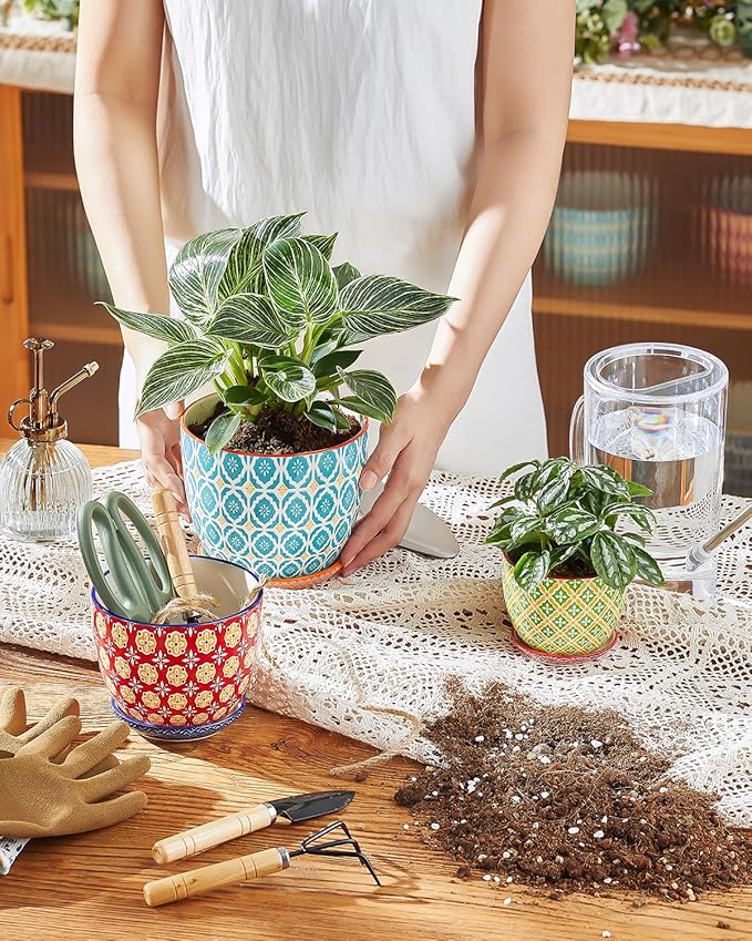 Ceramic Plant Pots 3.8+4.9+5.8 Inch Set of 3 Flower Pots with Drainage Hole &amp Saucer Trio Planter Pots Set for House Plants Home Decor Vibrant Colors