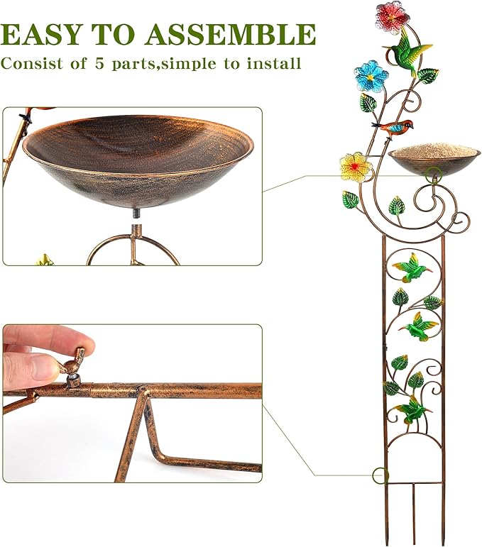 57” Bird Bath with Garden Trellis for Climbing Plants Outdoor Small Decorative Trellises Metal Birdbath Bird Baths 1 Piece (Hummingbird)