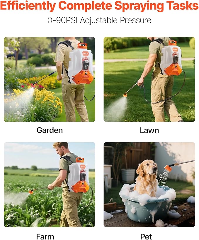 VEVOR Battery Powered Backpack Sprayer Electric Back Pack Sprayer 4 Gallon 2 Wands &amp 8 Nozzles Adjustable 0-90 PSI 4H Runtime Portable Lawn &amp Garden Sprayers for Weeding Spraying Cleani