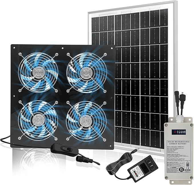 Solar Exhaust Fan for Greenhouse Solar Chicken Coop Fan with 25W Solar Panel &amp 4 Pcs High-Speed Brushless DC Ventilation Fans for ShedAtticsBarnsDog Houses with 6000mAh Battery