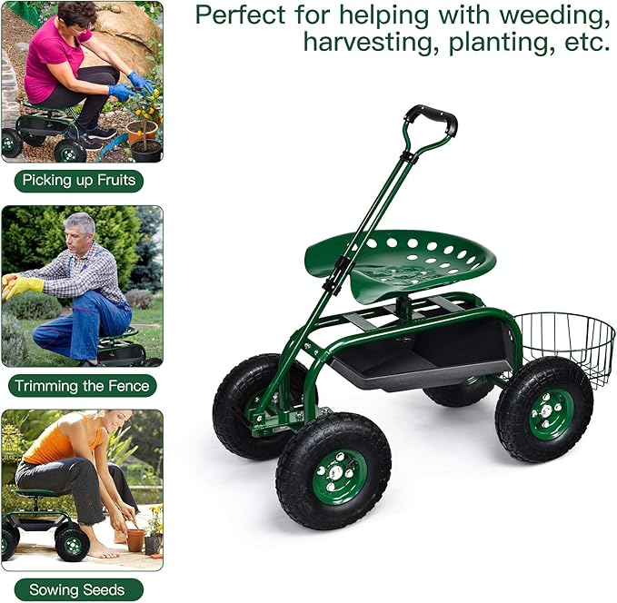 Rolling Garden Cart with Seat Heavy Duty Gardening Scooter w/Wheels Storage &amp Extendable Steering Handle Garden Work Seat for Planting Green