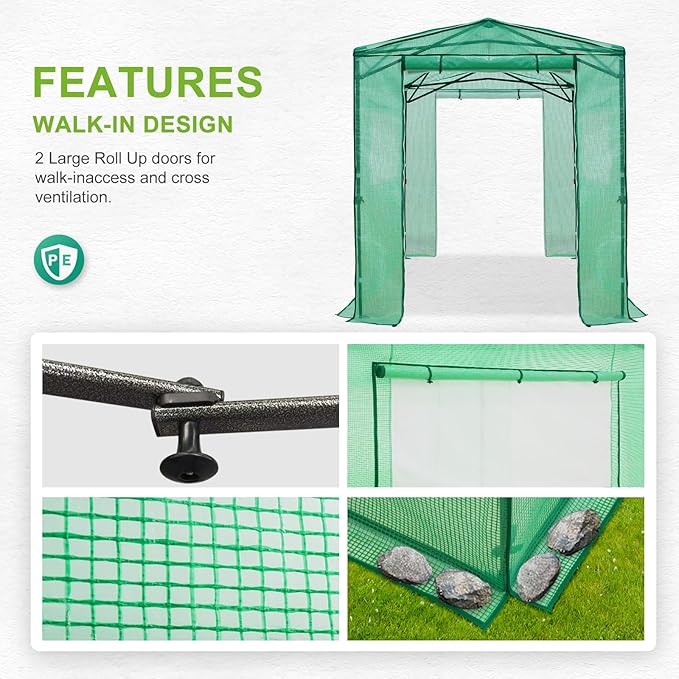 EAGLE PEAK 8x6 Portable Walk in Greenhouse Pop Up Indoor Outdoor Greenhouse Green House Kit with Zippered Roll-Up Doors and Windows + Mesh Lined Door PE Cover Clear/Green