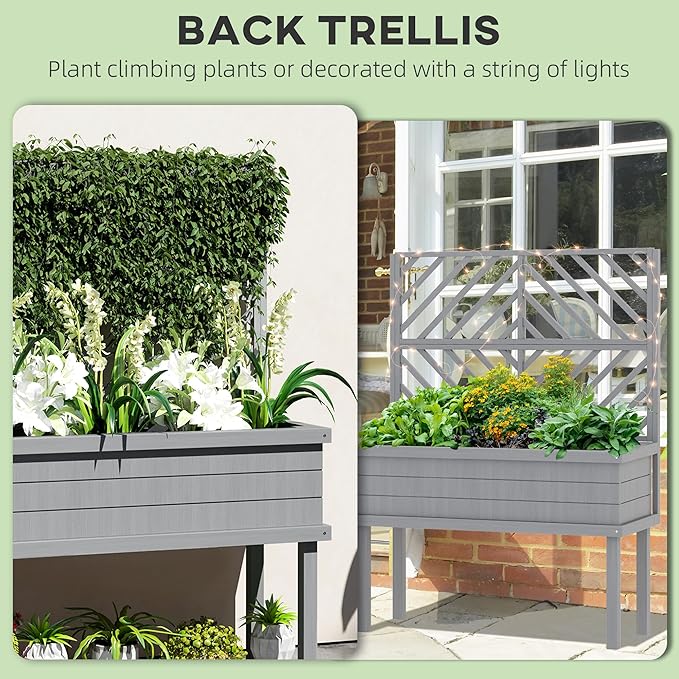 Wooden Planter Box with Trellis Elevated Raised Garden Bed for Climbing Plants Fir Wood Flower Shelf with Drainage Holes Gray 41.25 W x 17.75 D x 55 H