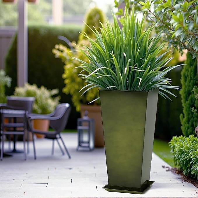 Worth Garden 28 Large Metal Glazed Planter Set of 2 Luxurious Glossy Finish Green Tall Square Tapered Steel Plant Pots Decor Flower Pot Indoor &amp Outdoor Drainage Hole &amp Dual-Purpose Plant