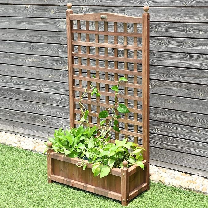 GRAFFY Wood Planter Raised Bed with Trellis Outdoor Raised Garden Bed Planter Box for Climbing Plants w/Drainage Holes Free-Standing Raised Planter for Patio Garden Yard