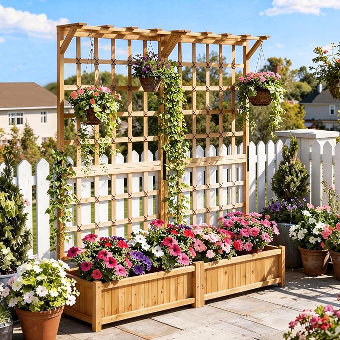 Aoxun 108 Raised Garden Bed with Trellis Wood Planter Container with Hanging Roof &amp Garden Boxes for Climbing Plants Flowers Vine (3 piece)