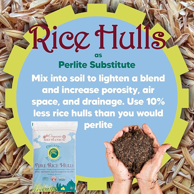 Organic Mechanics Pure Rice Hulls 2 Cu Ft - Sustainable Alternative to Perlite - Enhances Drainage Porosity and Air Space - Eco-Friendly