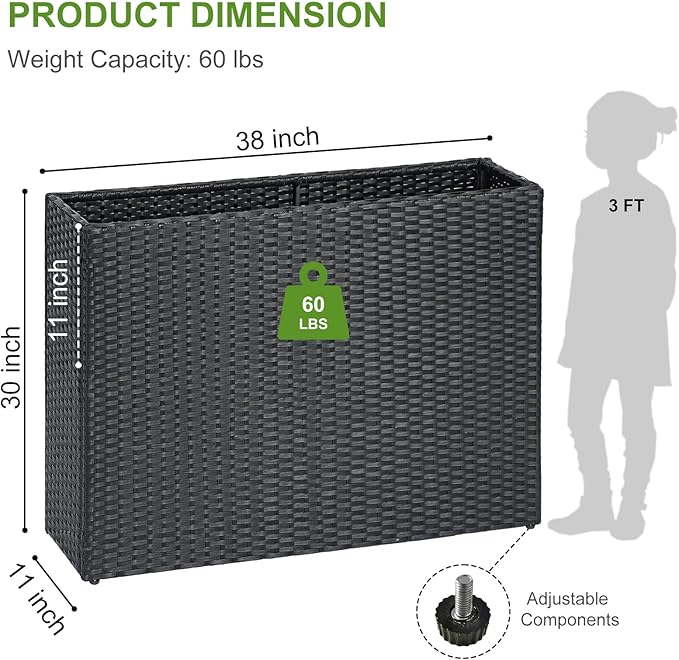 LEWIS&ampWAYNE Large Rectangular Block Planter Box Handmade Wicker Tall Planters for Outdoor Plants with Removable Liners Modern Planter for Indoor Outdoor Patio Deck - Black 38''x11''x30''