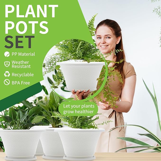 Quarut 12 Inch Plant Pot4 Pack Large pots for PlantsFlower Pots with Drainage Hole &amp SaucerModern Planters for Indoor Outdoor PlantsDecorative Resin Garden PotsWhite