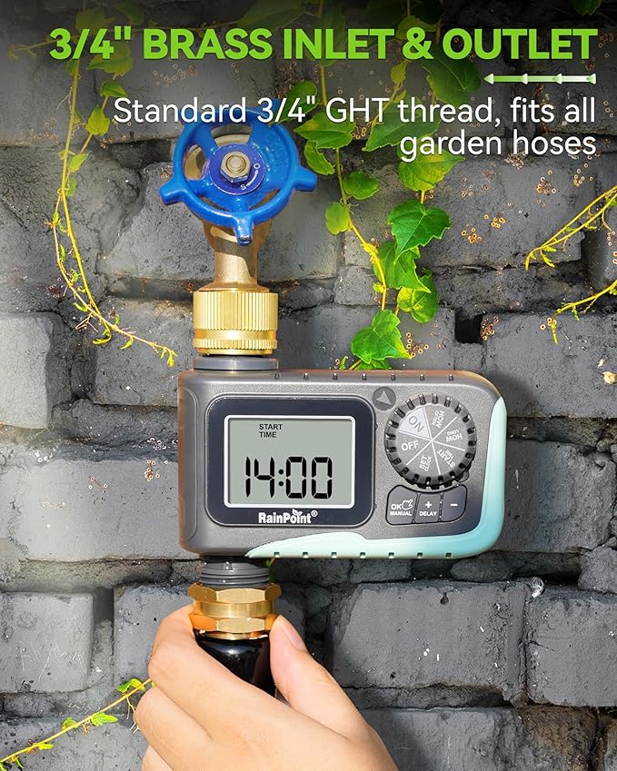 RAINPOINT Sprinkler Timer with Brass Swivel Programmable Water Timer for Garden Hose with Rain Delay/Manual Watering Digital Irrigation System Kit for Lawns 1 Outlet