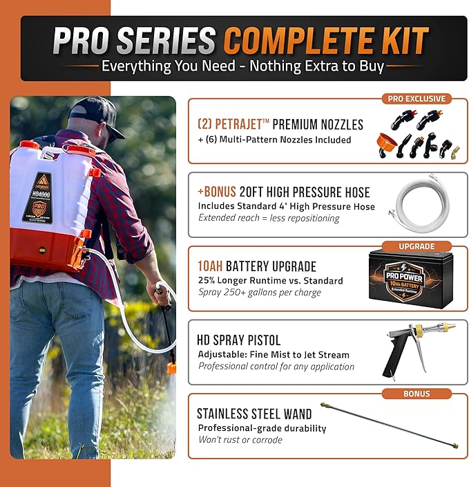 PetraTools Battery Powered Backpack Sprayer 4 Gallon - 8 Hours Long Battery Life &amp Padded Straps for Comfort - HD4000 Electric Backpack Garden Sprayer with 9 Spray Nozzles (HD4000 Pro Series)