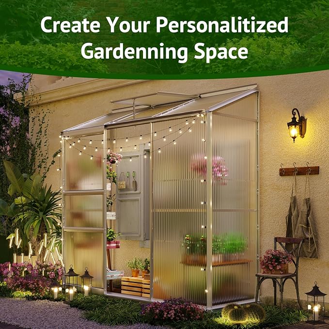 6x2ft Lean-to Polycarbonate Greenhouse Small Walk-in Greenhouse with Adjustable Roof Vent Rain Gutter and Sliding Door Outdoor Green House for Terrace Backyard Sliver