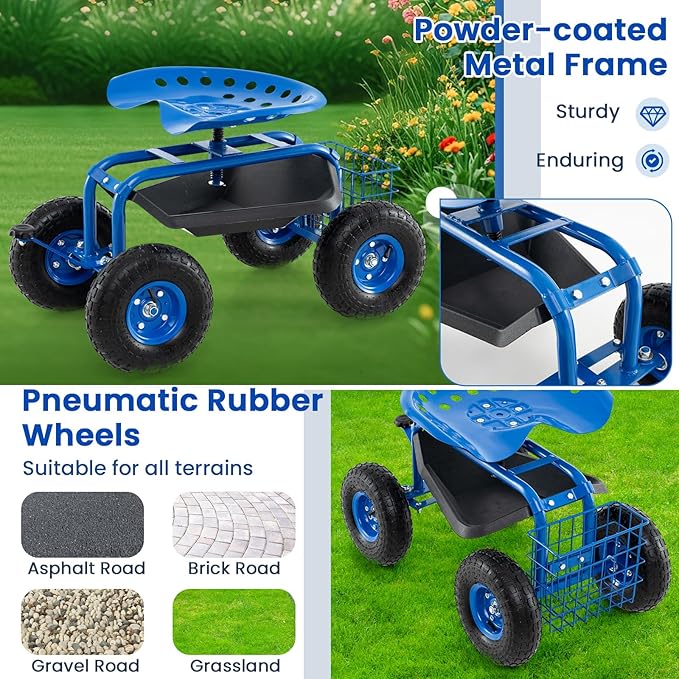 Giantex Garden Workseat 360 Swivel Rolling Seat with Wheels Tools Basket Gardening Cart with Seat Adjustable Height Wagon Scooter for Patio Lawn Yard Outdoor Steerable Stool (Blue)