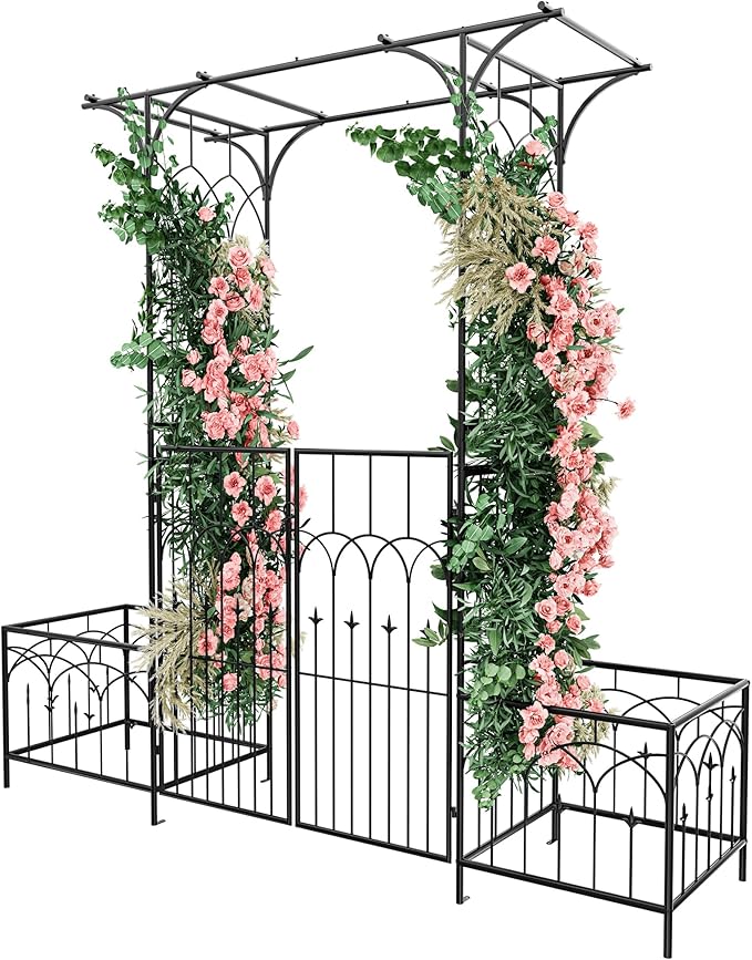 Garden Arbor with Gate and Planter Boxes 79 W x 81 H Metal Garden Arch for Climbing Plants Outdoor Wedding Arches for Ceremony Garden Arbors and Arches for Lawn Patio Backyard