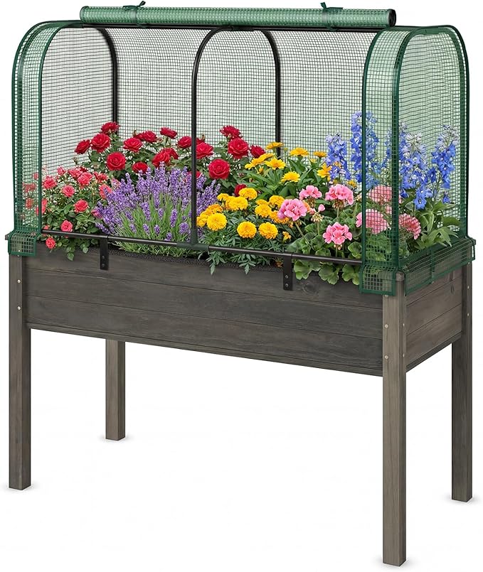 Giantex Raised Garden Bed with Cover Wood Elevated Planter Box with Legs &amp Mini Greenhouse Waterproof Sun-Protective PE Green House Cover Outdoor Use for Fruit Vegetable Flower Herb (Green+Gray