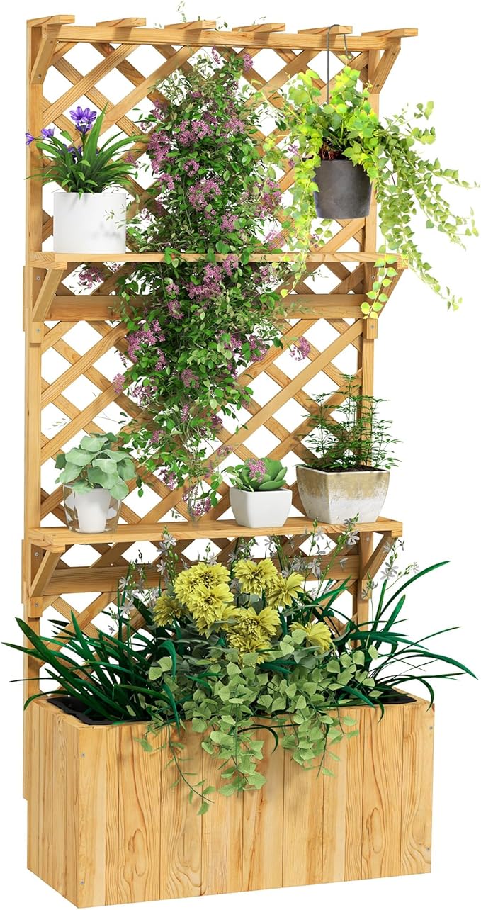 Outsunny Wooden Planter with Trellis Raised Garden Bed with Hanging Roof Plant Shelf Drainage Holes and Bed Liner for Climbing Plants Vegetables Flowers 30 x 13 x 70 Natural