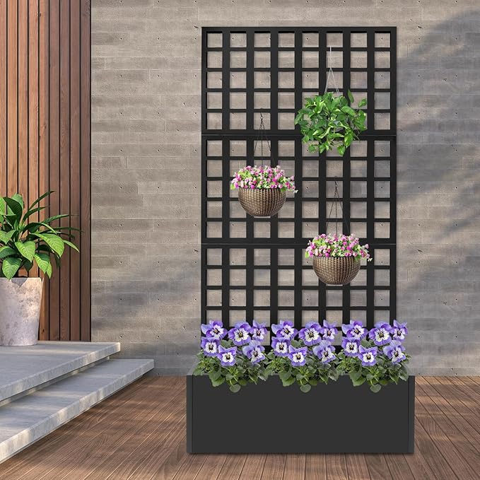 Metal Planter with Trellis 110lbs Load Capacity Free Standing Climbing Plant Support 12 Inch Deep Raised Garden Bed with Privacy Screen for Balcony Patio Garden Indoor &amp Outdoor Use(Black)
