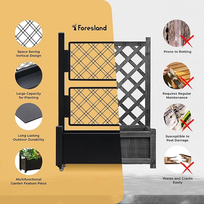 Metal Raised Garden Bed with Trellis 50Hx38Wx14D Inch Compact Planter Box for Climbing Plants Patio Balcony Garden Privacy Screen with Wheels and Drainage Holes Black