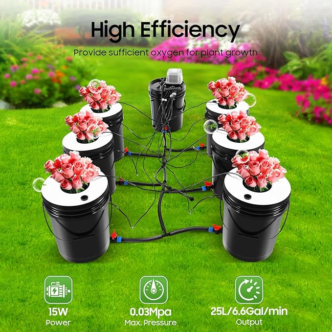 PERFERATE Hydroponics Grow System Kit with 4/6 Buckets 5 Gallon Recirculating Deep Water Culture with Air Pump Air Stones and Water Level Device for Leafy Vegetables (6 Buckets)