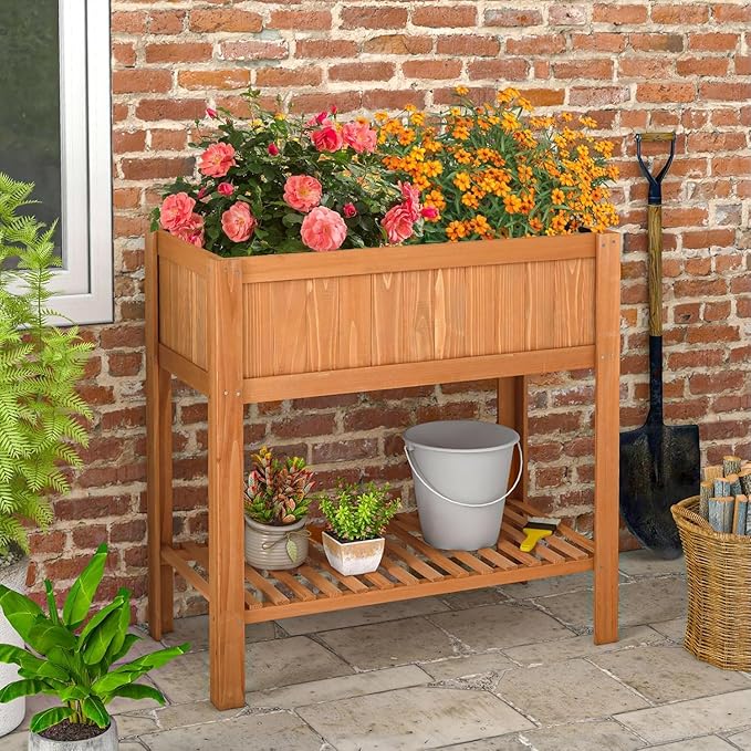 COSTWAY 2-Tier Raised Garden Bed Fir Wood Planter Box with Storage Shelf for Vegetables Herbs &amp Flowers – 39 x 20 x 39 for Backyard Patio &amp Balcony