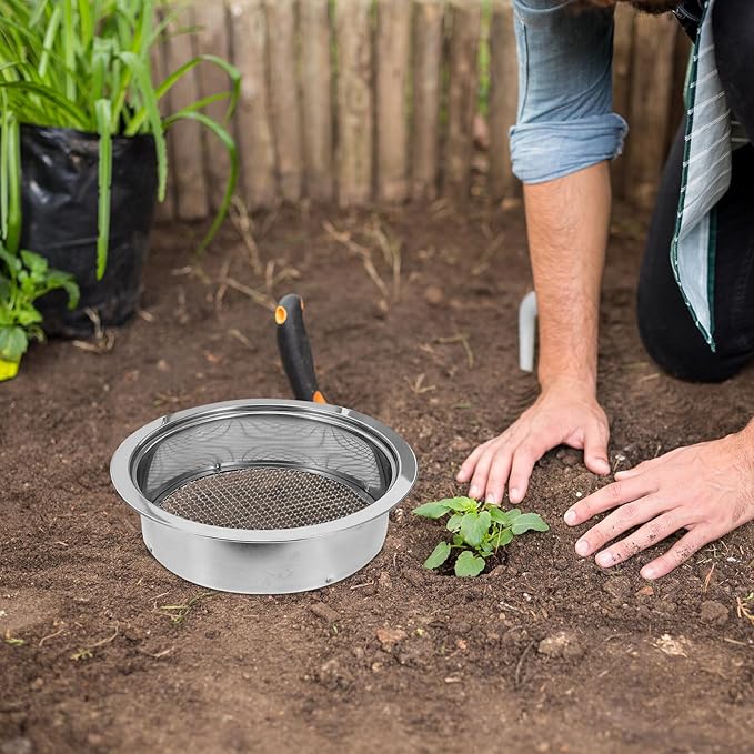 Stainless Steel Garden Soil Sifter Set with 1mm 3mm 6mm Mesh Screens and Plastic Shovel for Compost Sifting and Potting Soil Filtration