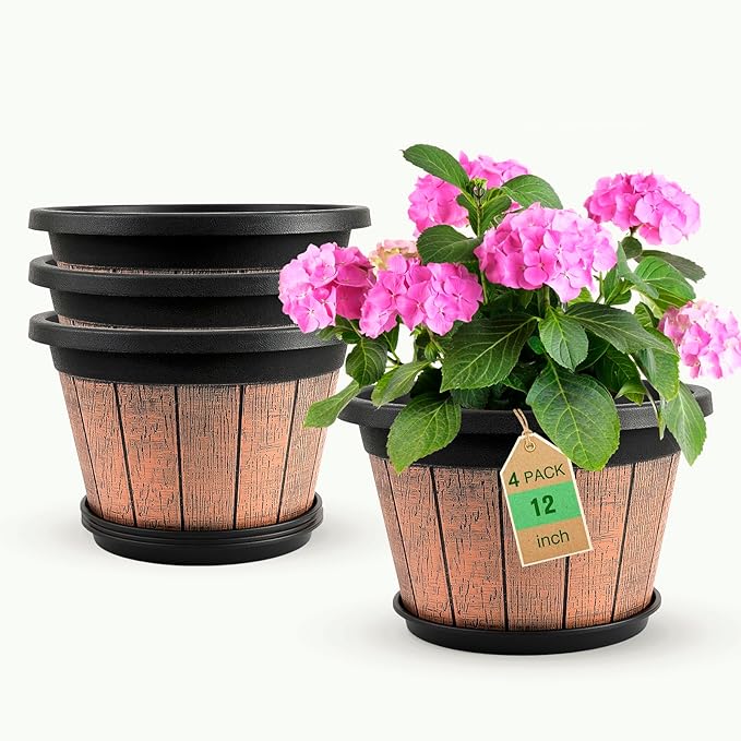 Quarut 4 Pack 12 inch Plant PotsWhiskey Barrel Planters with Drainage Holes &amp SaucerPlastic Decoration Flower Pots Retro DesignPlanters for Outdoor Indoor Garden Home Plants (Brown)