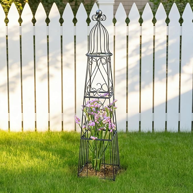 51-Inch Vintage Metal Garden Obelisk Trellis - Sturdy Climbing Plant Support for Roses Bougainvillea Vines &amp Potted Plants - Elegant Design for Gardens &amp Patios
