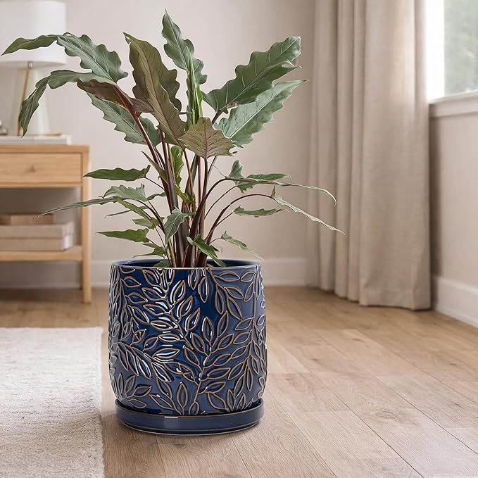 D'vine Dev 8 Inch Embossed Leaves Stoneware Planter Pot with Drainage Hole and Saucer Midnight Blue 27-A-Q-3