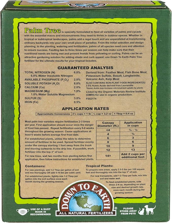 Down To Earth All Natural Fertilizers Organic Palm Tree - Plant Food for Palms Cycads Exotic and Tropical Plants 6-2-8 5 lb