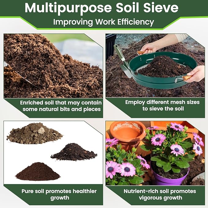 Large 14.57 Soil Sifter with 5 Interchangeable Stainless Steel Mesh Screens (1/3/6/9/12mm) + Stainless Steel Hand Trowel + Galvanized Garden Sieve for Compost Sand Gravel &amp Cat Litter (Green)