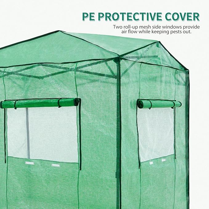 EAGLE PEAK Replacement Cover for 8x6 Portable Walk-in Pop up Greenhouse Front Roll-Up Zipper Entry Door and 2 Large Roll-Up Side Windows (Frame Not Included) Green