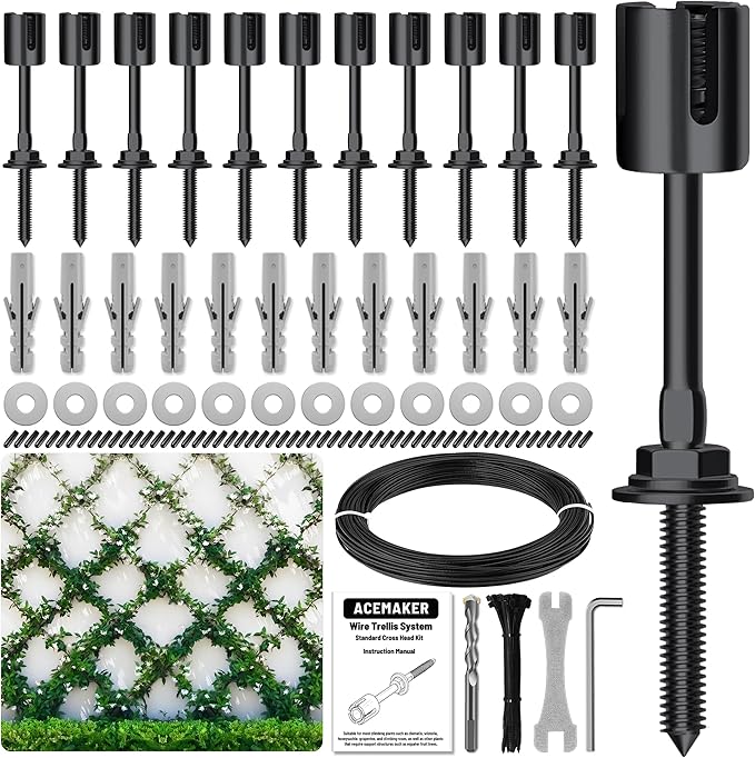 12-Set Black 1/8 Wire Trellis for Climbing Plants Outdoor with 53ft Vinyl Coated Cable T316 Stainless Steel Wall Wire Trellis Kit