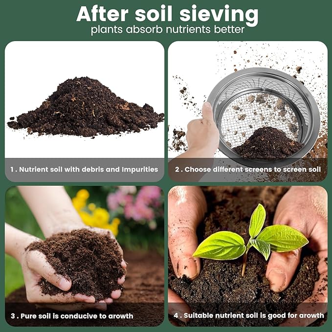 Soil Sifter Soil Sieve Sifter Set Stainless SteelGarden Sieve Set with 5 Interchangeable Mesh 1/3/6/9/12mm with Soil Scoops Gardening Tool Sifting Screen for Dirt Sand Rock Filtration Compost