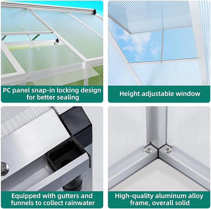 GAOMON 6 x 8 ft Greenhouse for Outdoor with Sliding Door Green House with Polycarbonate Panel &amp Ajustable Roof Vent &amp Ground Nails Walk-in Aluminum Greenhouses for Garden Patio
