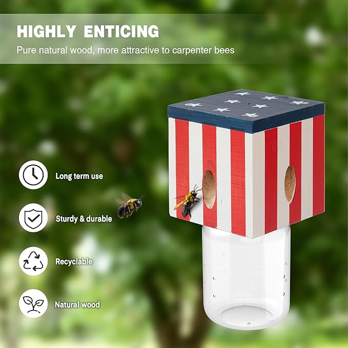 2 PCS Wood Carpenter Bee Trap for Outside - Best Bee Trap - Cube Flag Style Nature Hanging Carpenter Bee Traps Plastic Jar Outdoor - Insect Traps