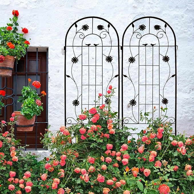 Metal 2 Pack Trellis for Climbing Plants Outdoor 7 FT Tall Galvanized Steel Garden Trellis for Patio Lawn Wall Decor Plant Trellis for Vine Cucumber Tomato Flower Clematis Roses-Sunflower (Black)