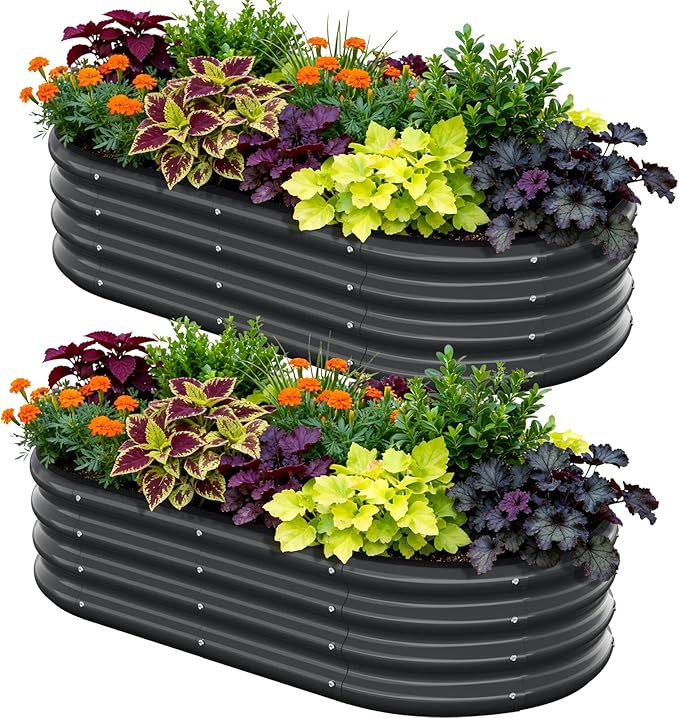 4X2X1 FT Oval Raised Garden Bed Metal Planter Box for Outdoor Gardening Easy Assembly Raised Bed for Vegetables Fruits Flowers(Dark Gray 2PCS)