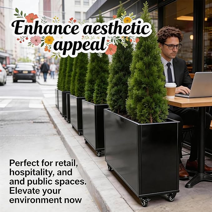 Modern Metal Planter Box Large Rectangular Planter for Outdoor Plants - Heavy Duty Tall Planter Box with Lockable Wheels Outdoor Planter for Porch/Patio/Garden (Black 38x12x24.5)