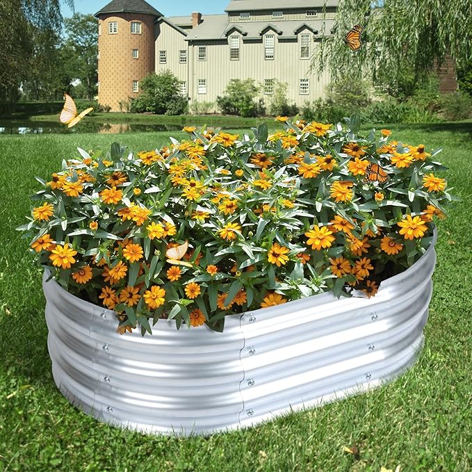 Aoodor Galvanized Raised Garden Bed Kit 3 x 2 x 1 Ft Oval Planter Box for Vegetables Flowers and Herbs Outdoor Use Silver