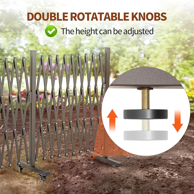 TECSPACE Aluminum Expandable Garden Fence Portable Barricade Gate with Casters Adjustable Retractable Fence Mobile Barricade Safety Barrier (Brown 201×15×41 inch)