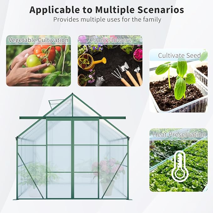 8x10 Greenhouse for Outdoor with Double Door and Adjustable Roof Walk-in Polycarbonate Gardening Green House with Raised Base and Anchor Drainage System for Backyard Lawn Green
