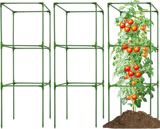 3 Pack Square Tomato Cages for Garden - 42 Inch Heavy Duty Tomato Plant Support Stakes Sturdy Metal Core with Rust-Resistant Coating Tomato Trellis for Raised Beds